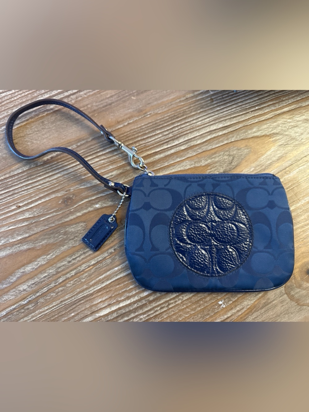Coach Navy Signature Wristlet with Embossed Logo